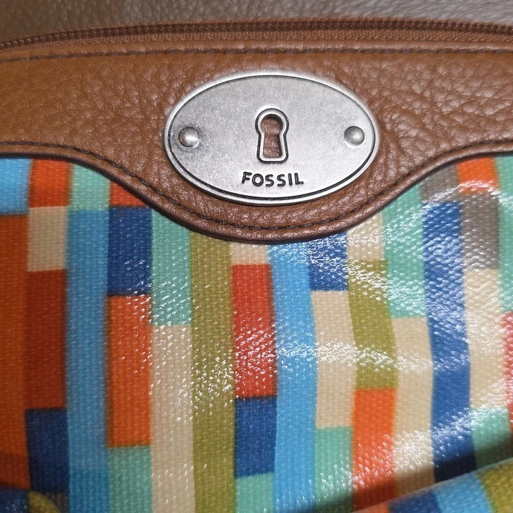 Fossil Key-Per Multi-Color Geometric Coated Canvas Pouch with Leather Trim